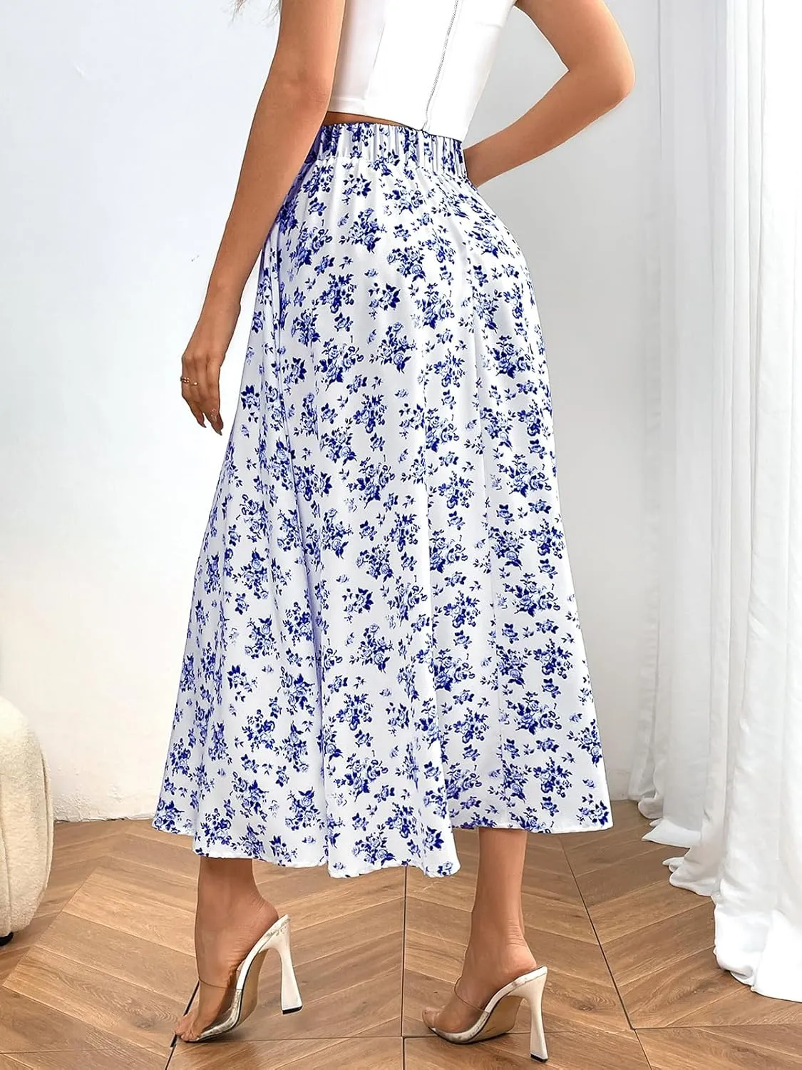 Women's Flowy Elastic High Waist Skirts Trendy Summer 2025 Boho Casual Beach Holiday Floral Print A Line Midi Skirt 802