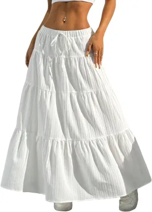 Women's Flowy Maxi Skirt Boho Flared Ruffle Elastic High Waisted Pleated Tiered Summer Long Skirts with Pockets