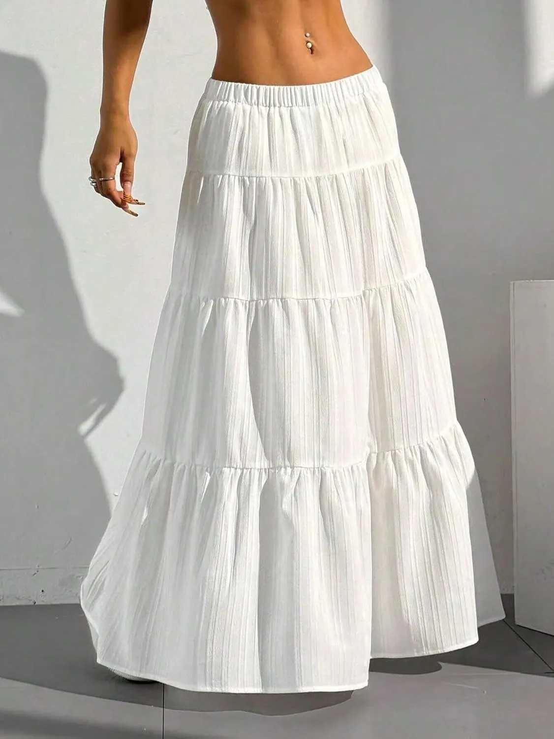 Women's Flowy Maxi Skirt Boho Flared Ruffle Elastic High Waisted Pleated Tiered Summer Long Skirts with Pockets