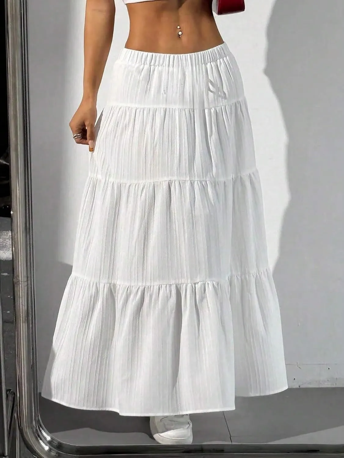 Women's Flowy Maxi Skirt Boho Flared Ruffle Elastic High Waisted Pleated Tiered Summer Long Skirts with Pockets