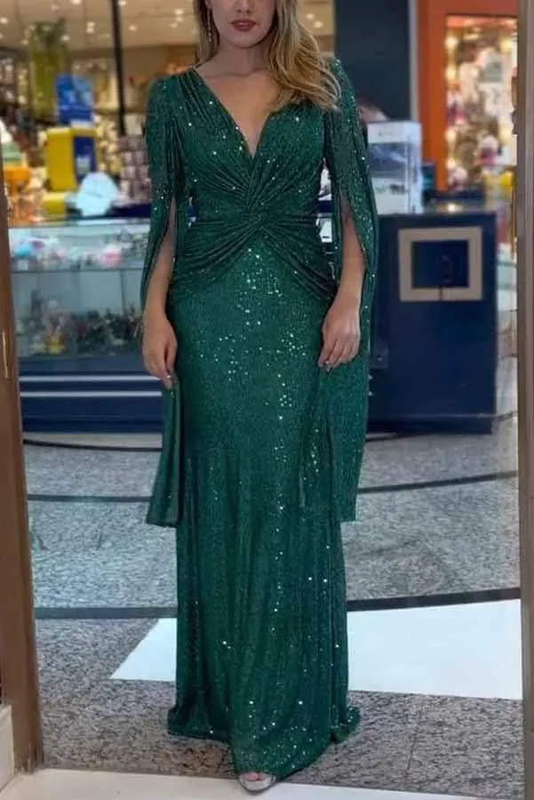 Womens Formal Sequin Evening Party Dress Maxi Cloak Sleeve Ball Gown V Neck Prom Gala/Cocktail/Club Elegant Dresses for Women