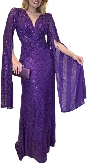 Womens Formal Sequin Evening Party Dress Maxi Cloak Sleeve Ball Gown V Neck Prom Gala/Cocktail/Club Elegant Dresses for Women