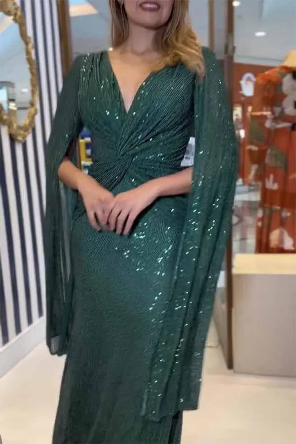 Womens Formal Sequin Evening Party Dress Maxi Cloak Sleeve Ball Gown V Neck Prom Gala/Cocktail/Club Elegant Dresses for Women