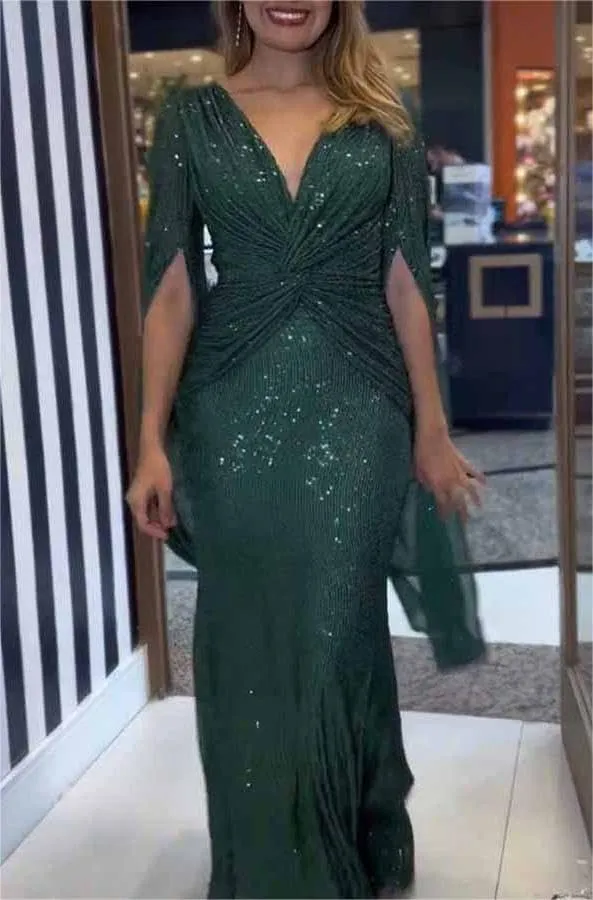 Womens Formal Sequin Evening Party Dress Maxi Cloak Sleeve Ball Gown V Neck Prom Gala/Cocktail/Club Elegant Dresses for Women