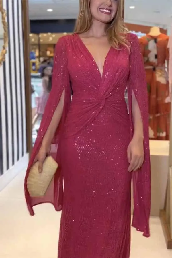 Womens Formal Sequin Evening Party Dress Maxi Cloak Sleeve Ball Gown V Neck Prom Gala/Cocktail/Club Elegant Dresses for Women