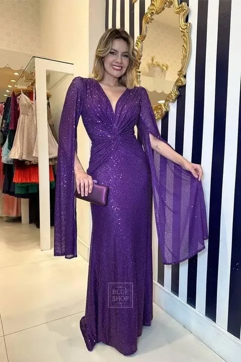 Womens Formal Sequin Evening Party Dress Maxi Cloak Sleeve Ball Gown V Neck Prom Gala/Cocktail/Club Elegant Dresses for Women