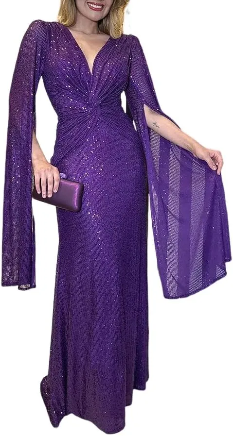 Womens Formal Sequin Evening Party Dress Maxi Cloak Sleeve Ball Gown V Neck Prom Gala/Cocktail/Club Elegant Dresses for Women