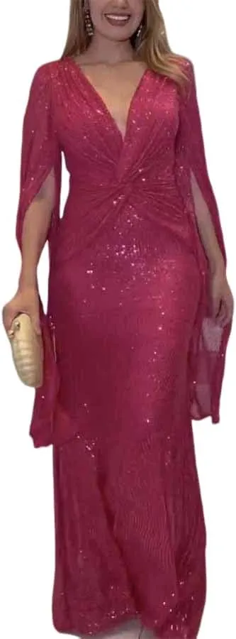 Womens Formal Sequin Evening Party Dress Maxi Cloak Sleeve Ball Gown V Neck Prom Gala/Cocktail/Club Elegant Dresses for Women