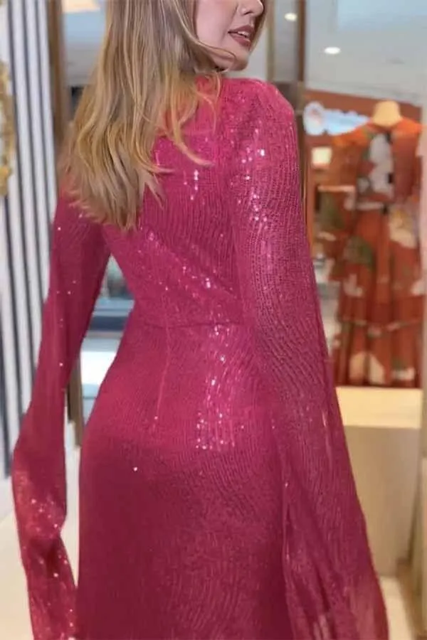Womens Formal Sequin Evening Party Dress Maxi Cloak Sleeve Ball Gown V Neck Prom Gala/Cocktail/Club Elegant Dresses for Women