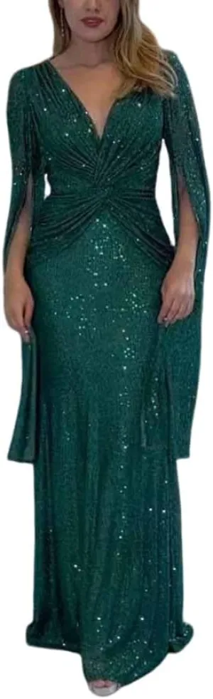 Womens Formal Sequin Evening Party Dress Maxi Cloak Sleeve Ball Gown V Neck Prom Gala/Cocktail/Club Elegant Dresses for Women