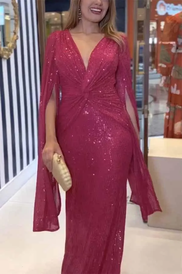 Womens Formal Sequin Evening Party Dress Maxi Cloak Sleeve Ball Gown V Neck Prom Gala/Cocktail/Club Elegant Dresses for Women