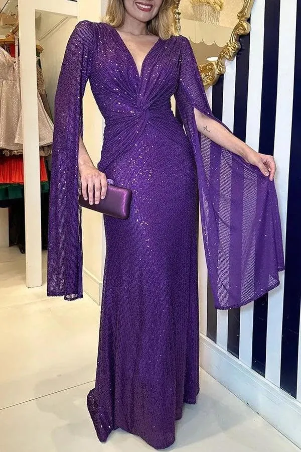 Womens Formal Sequin Evening Party Dress Maxi Cloak Sleeve Ball Gown V Neck Prom Gala/Cocktail/Club Elegant Dresses for Women
