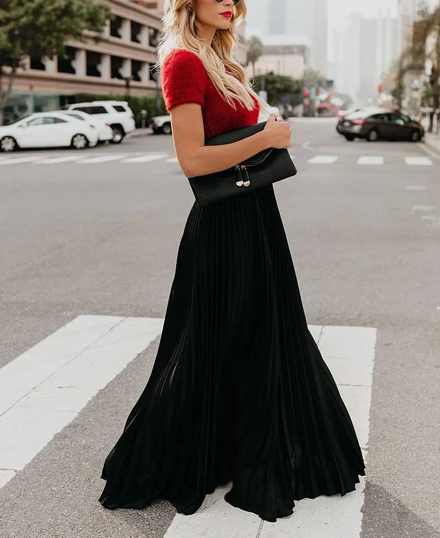 Women's High Elastic Waist Pleated Flowy Swing A-line Maxi Skirts