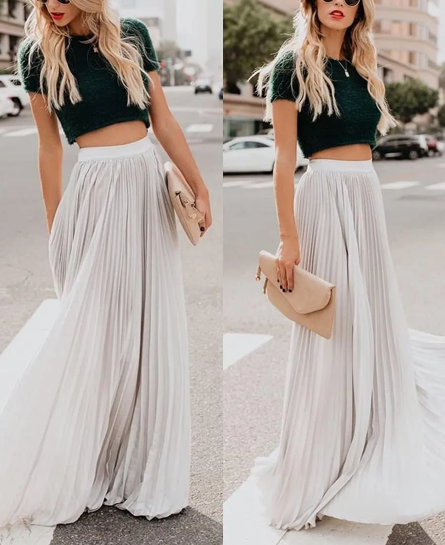 Women's High Elastic Waist Pleated Flowy Swing A-line Maxi Skirts
