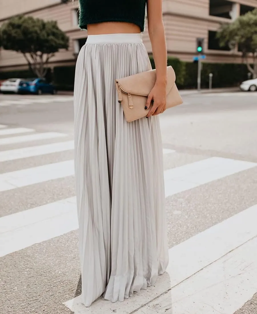 Women's High Elastic Waist Pleated Flowy Swing A-line Maxi Skirts