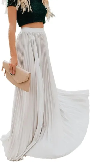 Women's High Elastic Waist Pleated Flowy Swing A-line Maxi Skirts