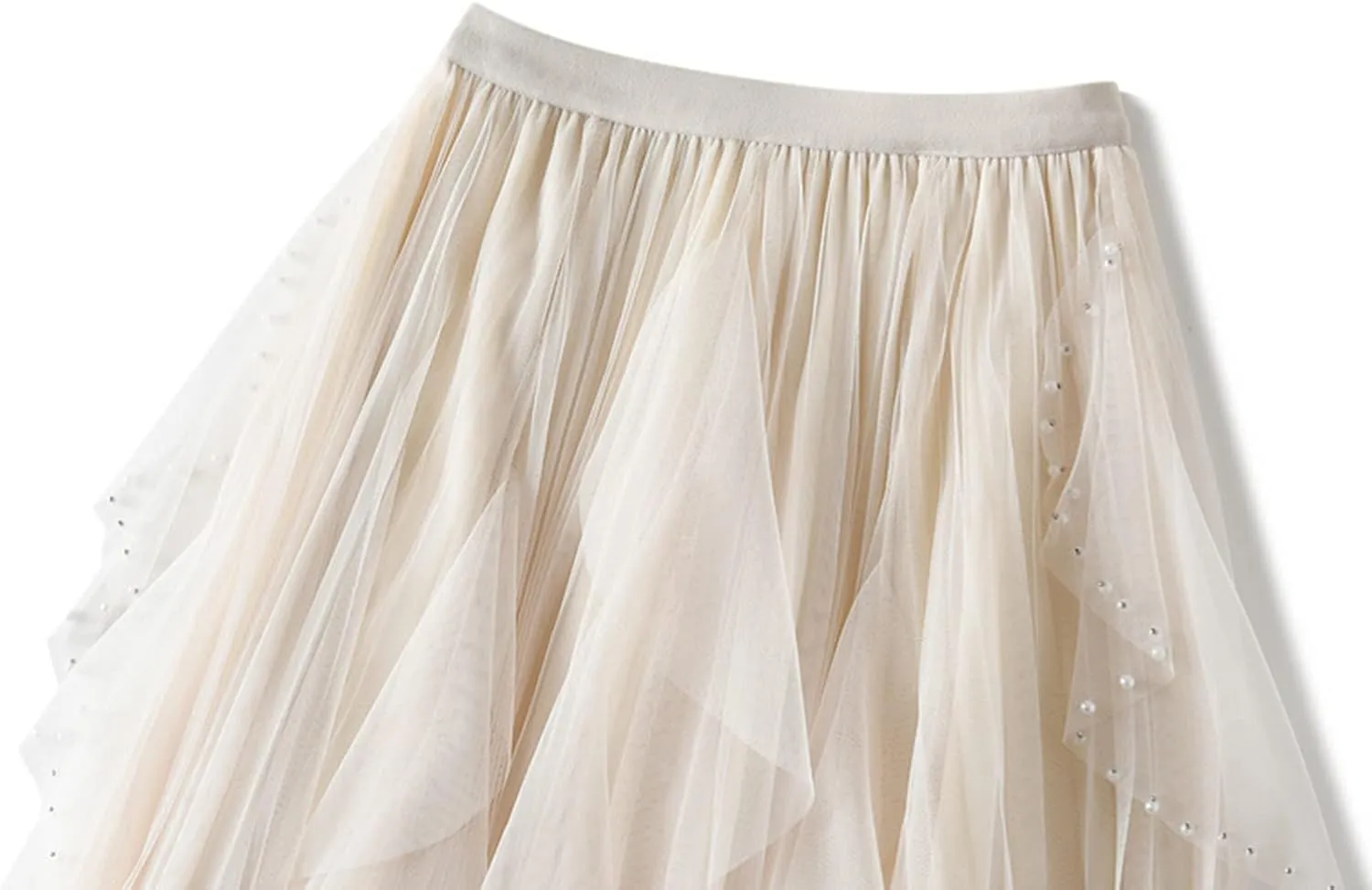Women's High Waist Elastic Elegant Mesh Tulle Flowy Tea Length Pleated Maxi Skirt