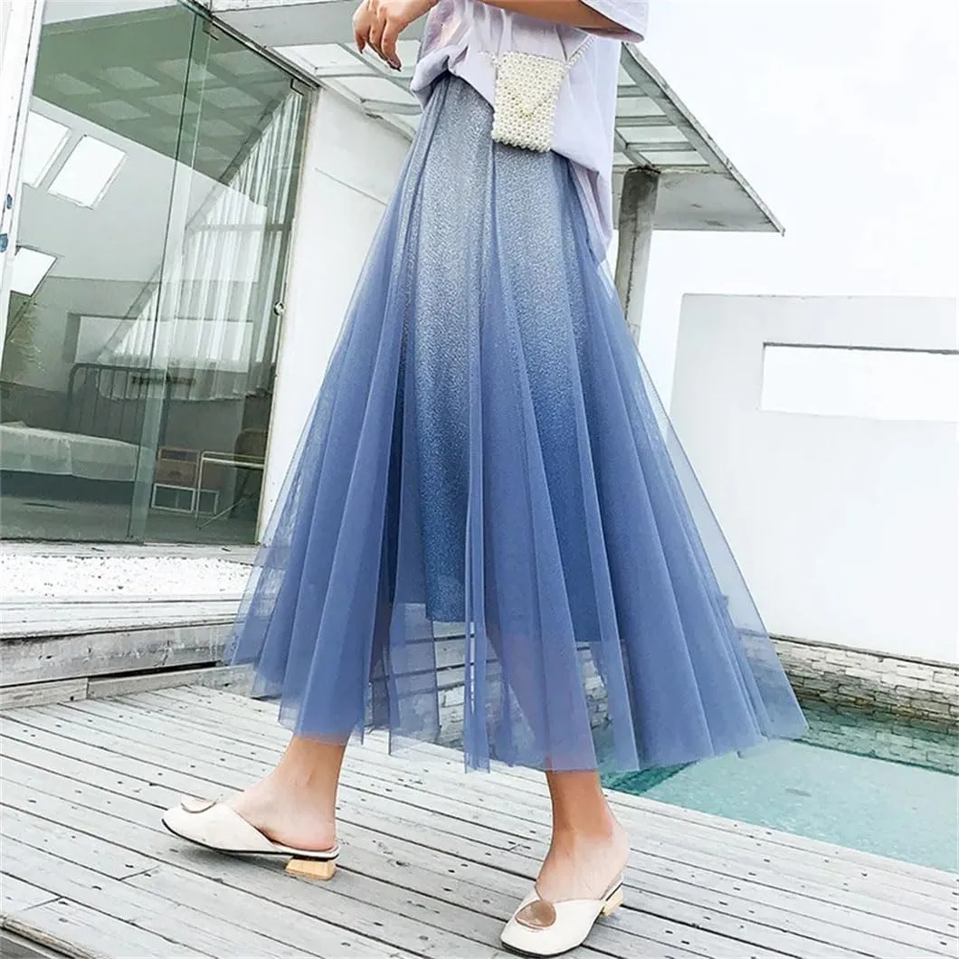 Womens High Waist Midi Gradient Skirts Casual Tulle Long A-Line Swing Pleated Skirt