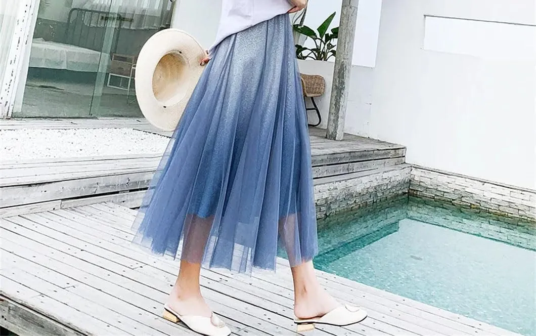 Womens High Waist Midi Gradient Skirts Casual Tulle Long A-Line Swing Pleated Skirt