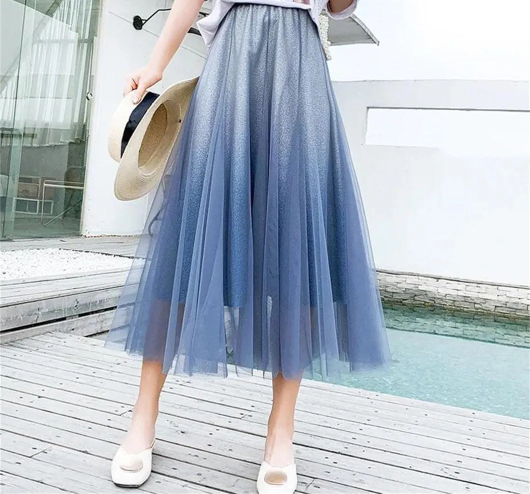 Womens High Waist Midi Gradient Skirts Casual Tulle Long A-Line Swing Pleated Skirt