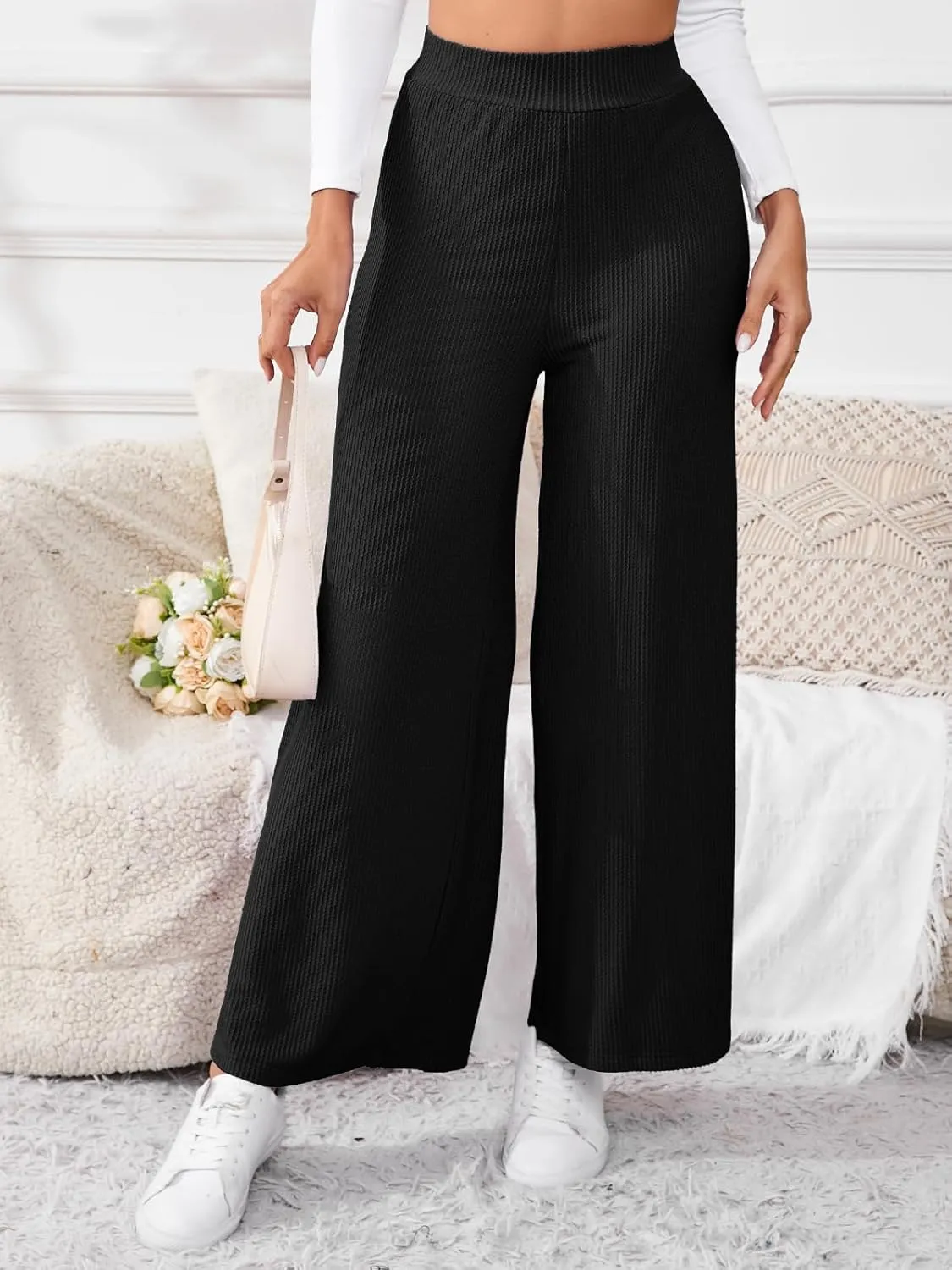 Women's High Waisted Drawstring Waist Wide Leg Solid Color Pants Sweatpants Casual Loose Yoga Pants with Pockets