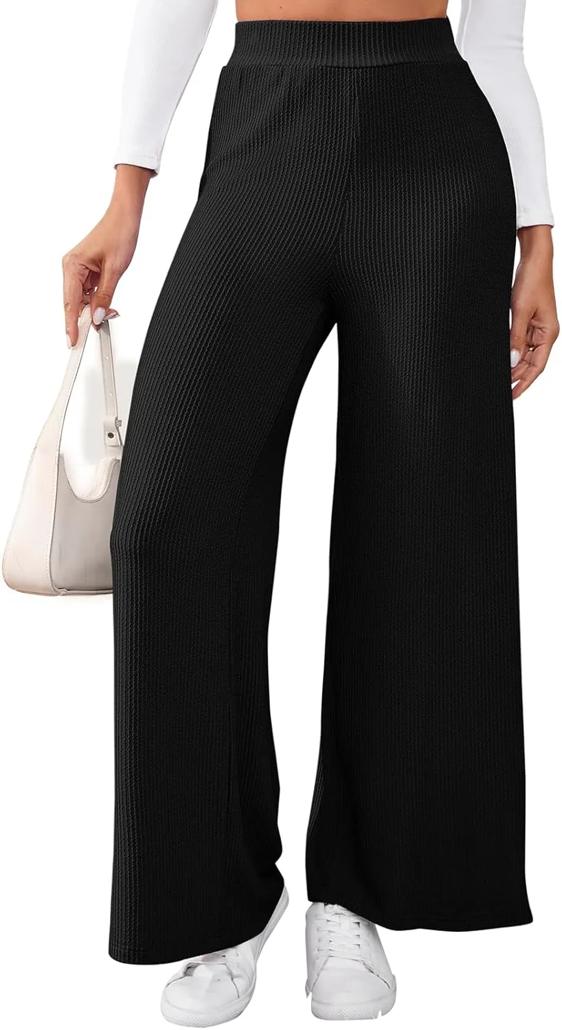 Women's High Waisted Drawstring Waist Wide Leg Solid Color Pants Sweatpants Casual Loose Yoga Pants with Pockets