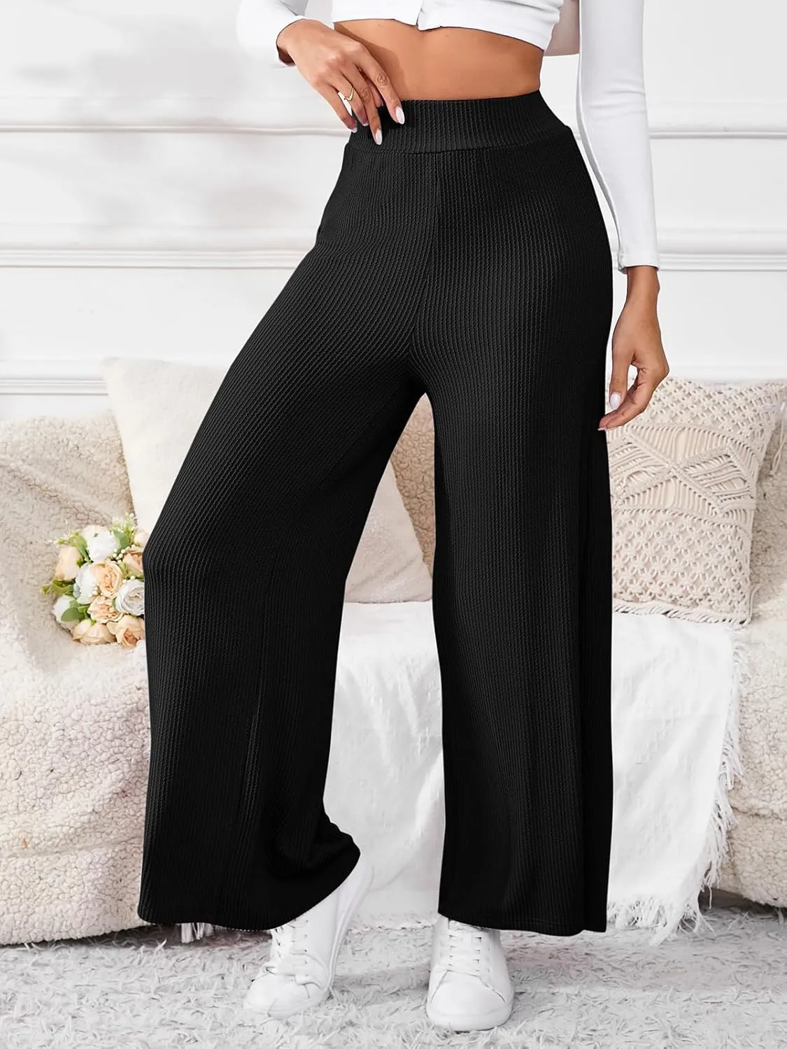 Women's High Waisted Drawstring Waist Wide Leg Solid Color Pants Sweatpants Casual Loose Yoga Pants with Pockets