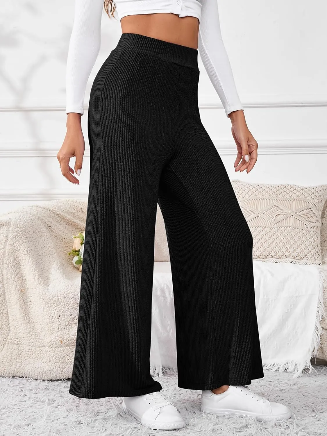 Women's High Waisted Drawstring Waist Wide Leg Solid Color Pants Sweatpants Casual Loose Yoga Pants with Pockets