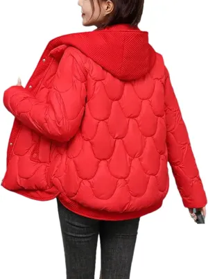 Women's Hooded Fake Two-Piece Parka Coat Classic Short Corrugated Warm Cotton-Padded Jacket