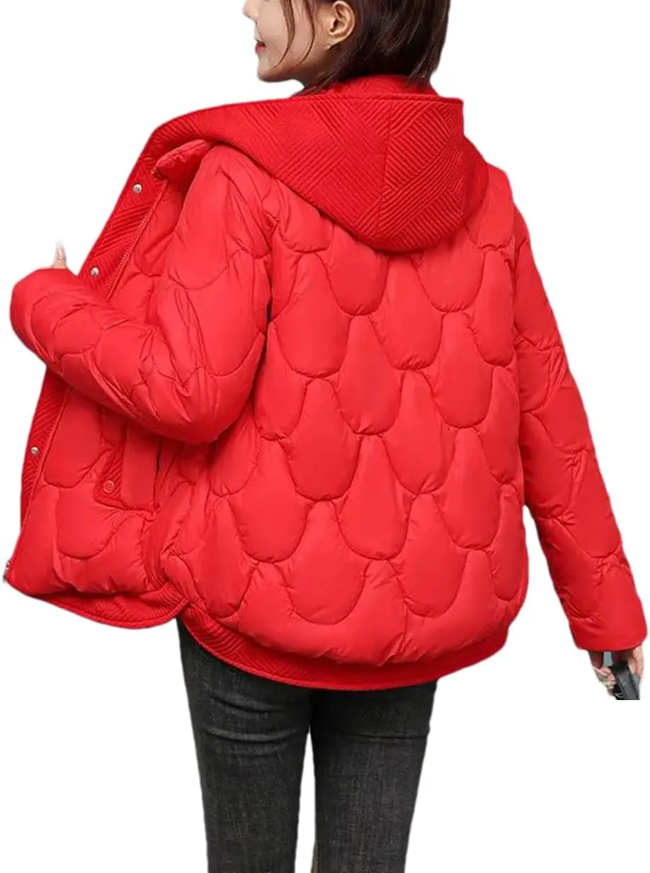 Women's Hooded Fake Two-Piece Parka Coat Classic Short Corrugated Warm Cotton-Padded Jacket