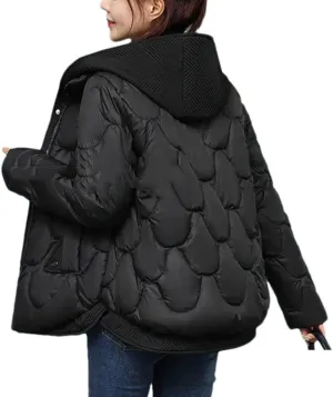 Women's Hooded Fake Two-Piece Parka Coat Classic Short Corrugated Warm Cotton-Padded Jacket