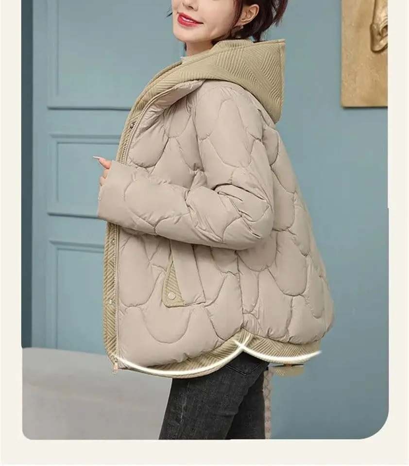 Women's Hooded Fake Two-Piece Parka Coat Classic Short Corrugated Warm Cotton-Padded Jacket
