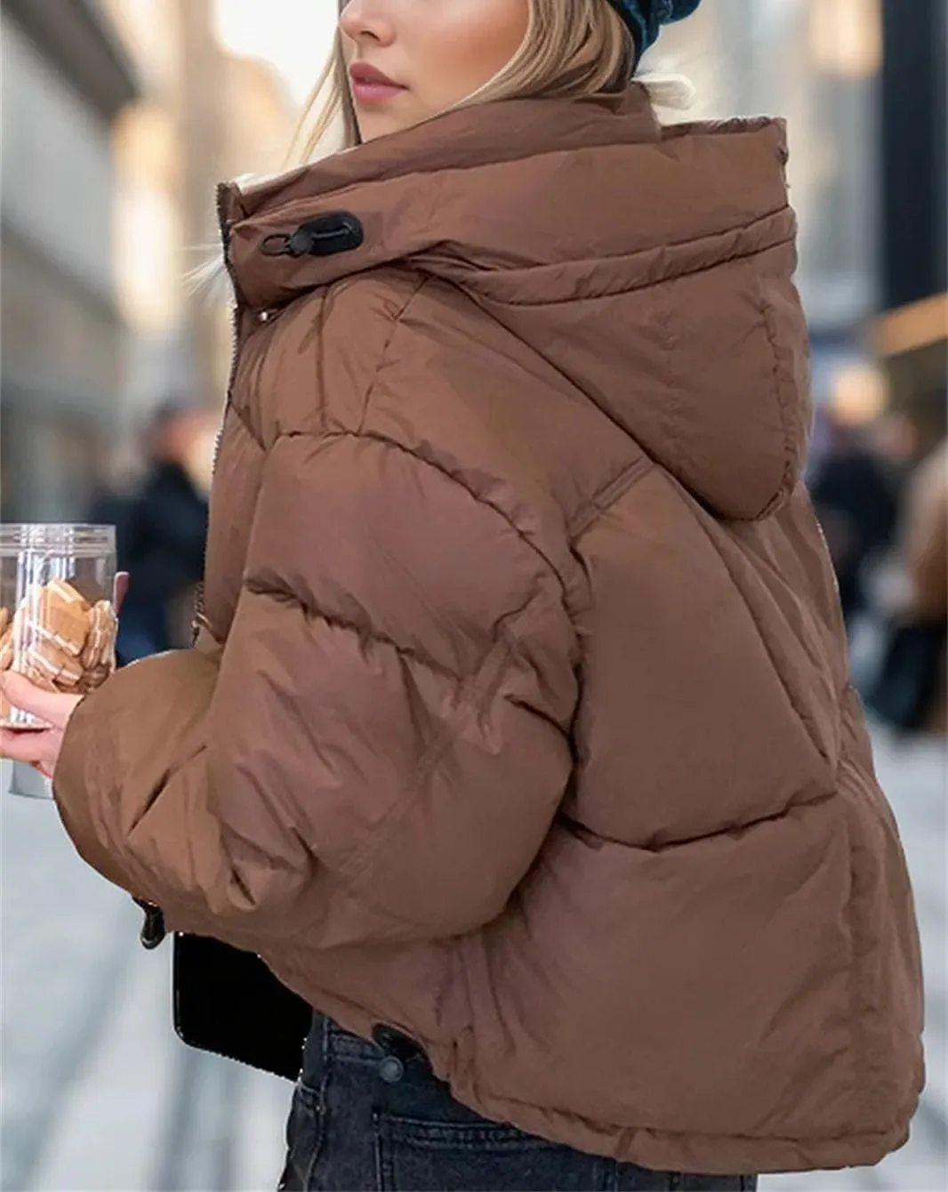 Women's Hooded Stand Collar Cotton-Padded Jacket Classic Pocket Warm Parkas Coats
