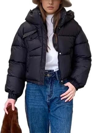Women's Hooded Stand Collar Cotton-Padded Jacket Classic Pocket Warm Parkas Coats