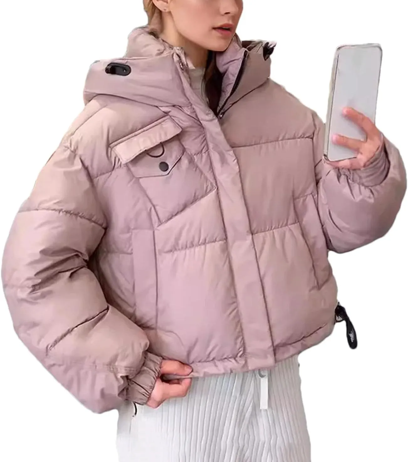 Women's Hooded Stand Collar Cotton-Padded Jacket Classic Pocket Warm Parkas Coats