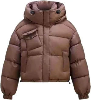 Women's Hooded Stand Collar Cotton-Padded Jacket Classic Pocket Warm Parkas Coats