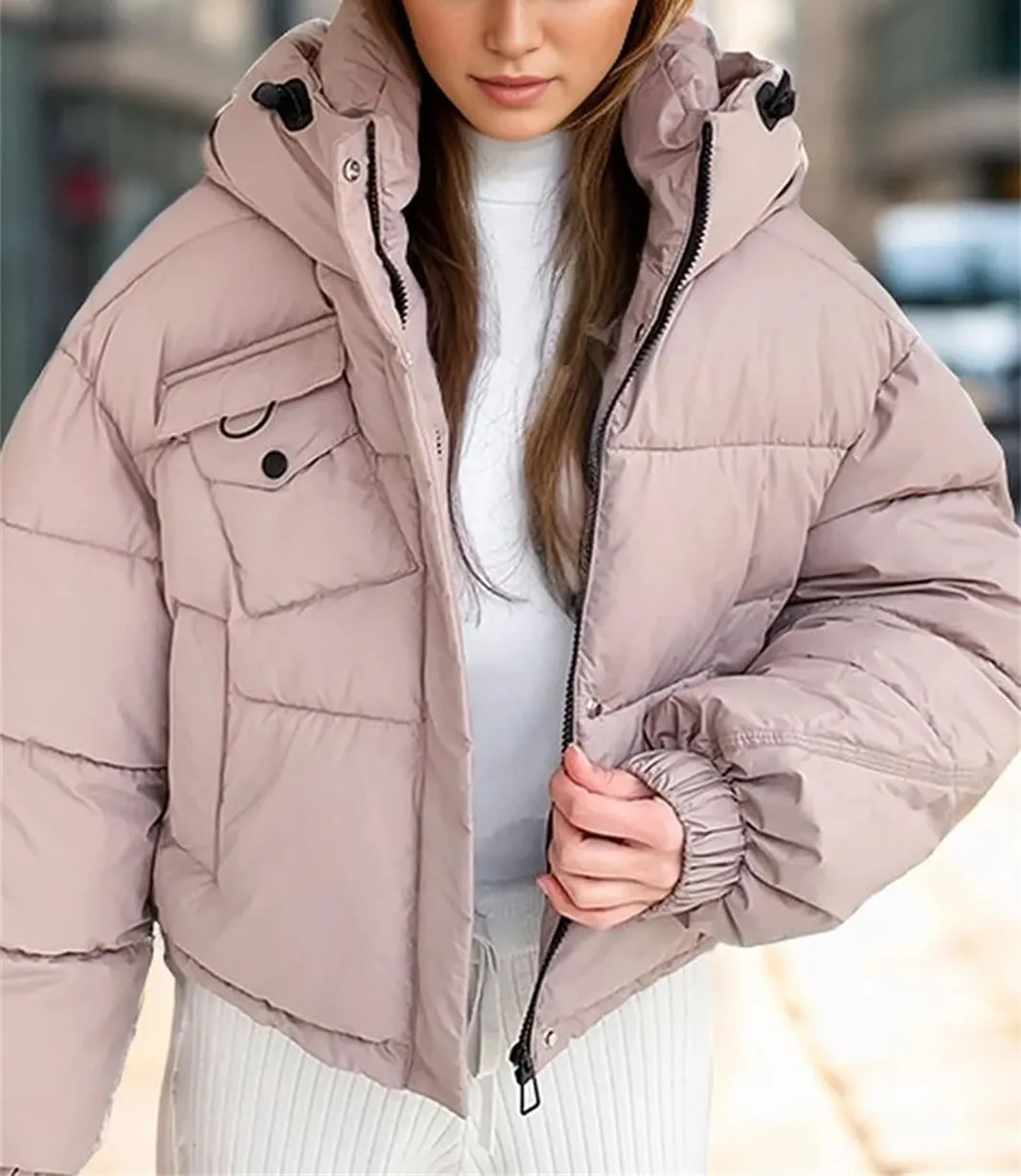 Women's Hooded Stand Collar Cotton-Padded Jacket Classic Pocket Warm Parkas Coats