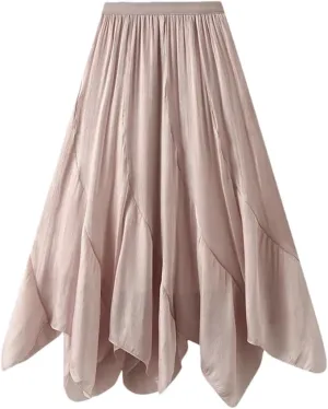 Womens Irregular A-Line Skirt Casual Midi Long High Waist Skirts Solid Elastic Waist Bohemian
