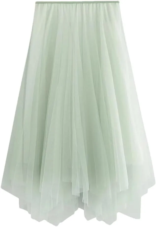 Womens Irregular Midi Long Tulle A-Line Skirt Gradient Color High Waist Skirts Flowy Pleated