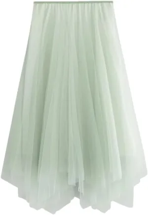 Womens Irregular Midi Long Tulle A-Line Skirt Gradient Color High Waist Skirts Flowy Pleated
