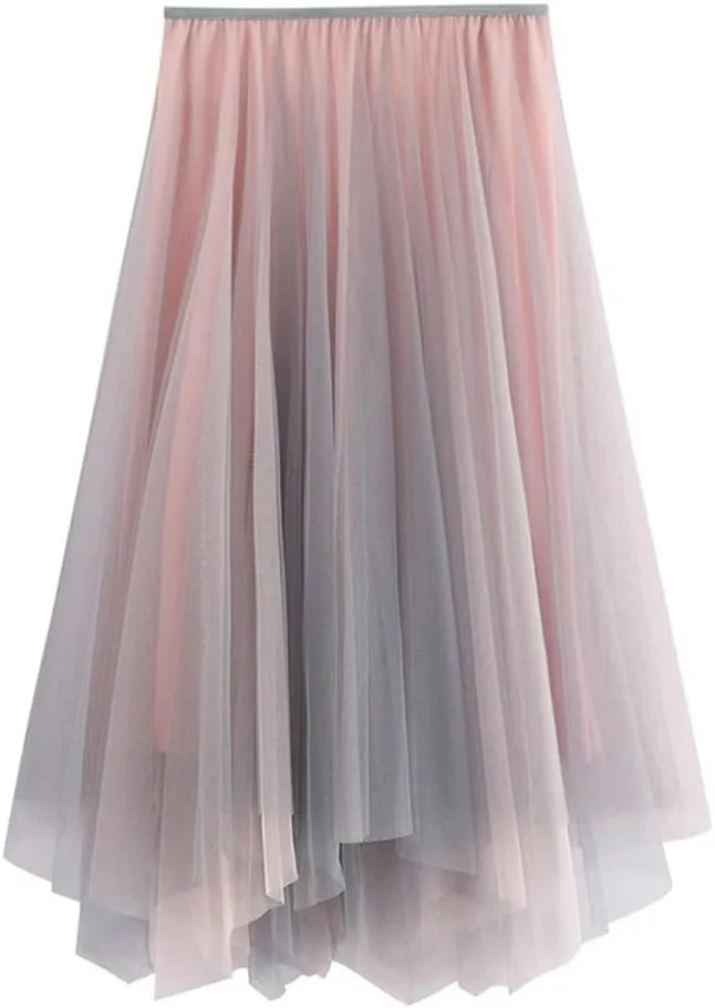 Womens Irregular Midi Long Tulle A-Line Skirt Gradient Color High Waist Skirts Flowy Pleated