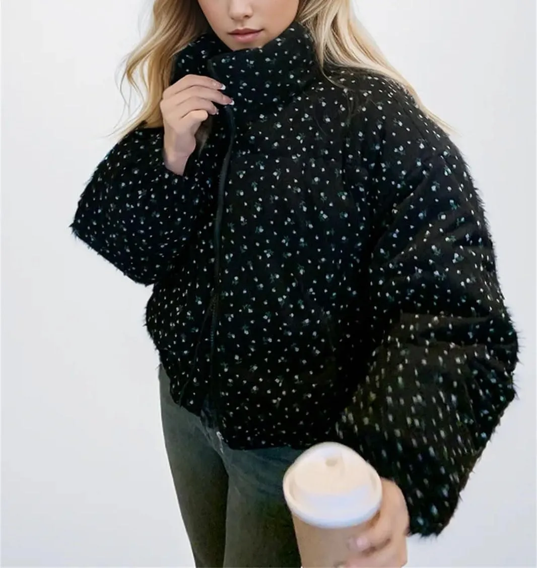 Women's Lapel Floral Short Cotton-Padded Jacket Warm Casual Classic Zipper Parka Coat