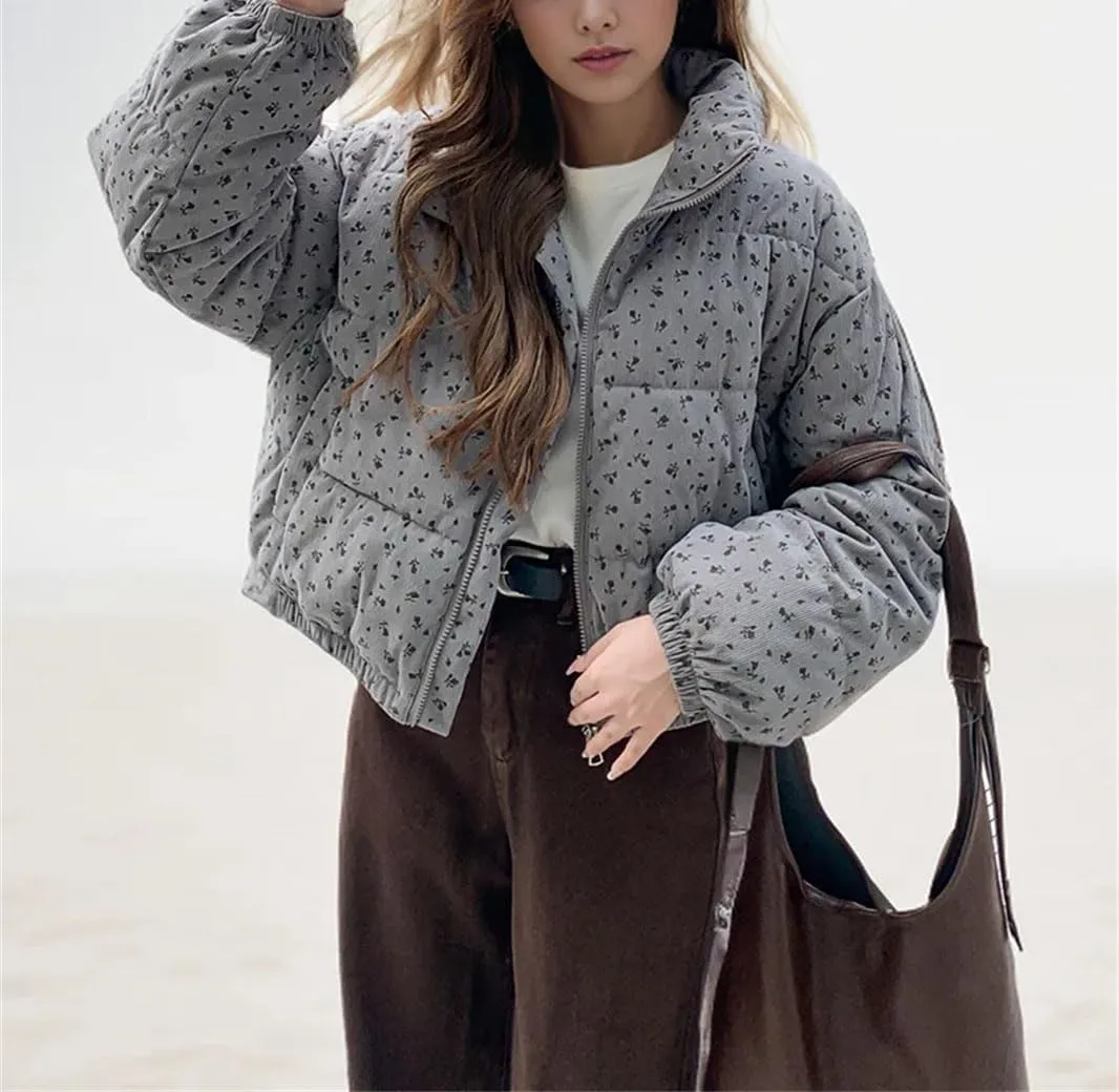 Women's Lapel Floral Short Cotton-Padded Jacket Warm Casual Classic Zipper Parka Coat