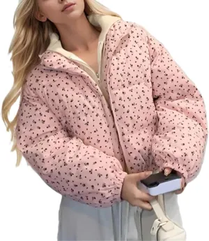 Women's Lapel Floral Short Cotton-Padded Jacket Warm Casual Classic Zipper Parka Coat