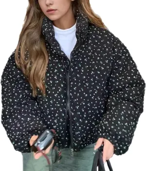 Women's Lapel Floral Short Cotton-Padded Jacket Warm Casual Classic Zipper Parka Coat