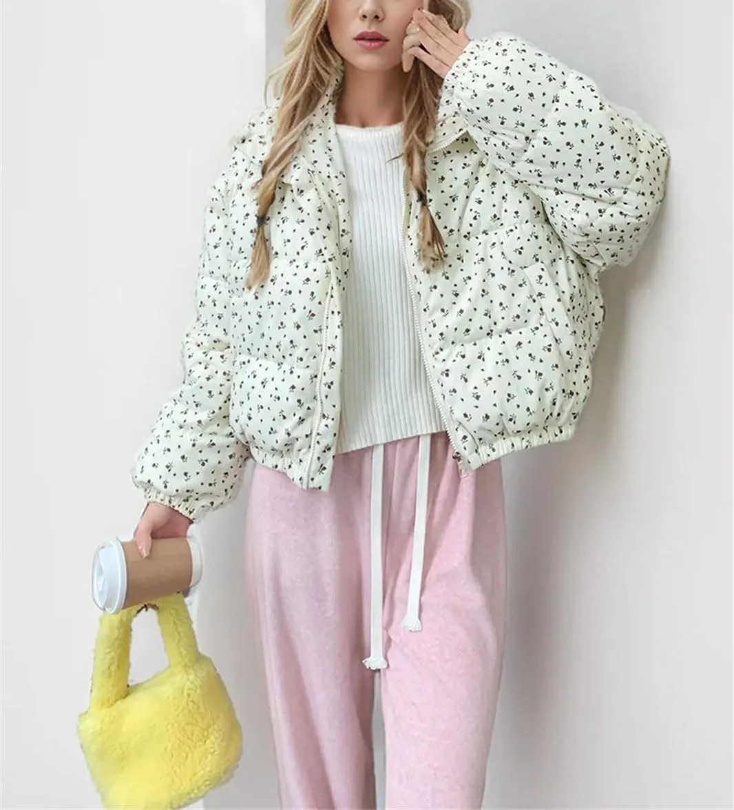 Women's Lapel Floral Short Cotton-Padded Jacket Warm Casual Classic Zipper Parka Coat