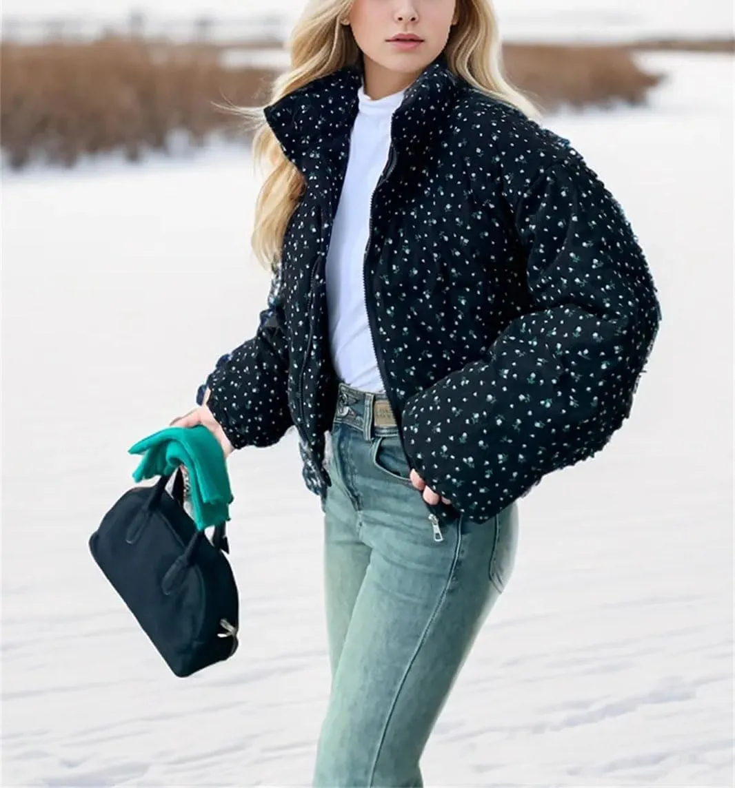Women's Lapel Floral Short Cotton-Padded Jacket Warm Casual Classic Zipper Parka Coat