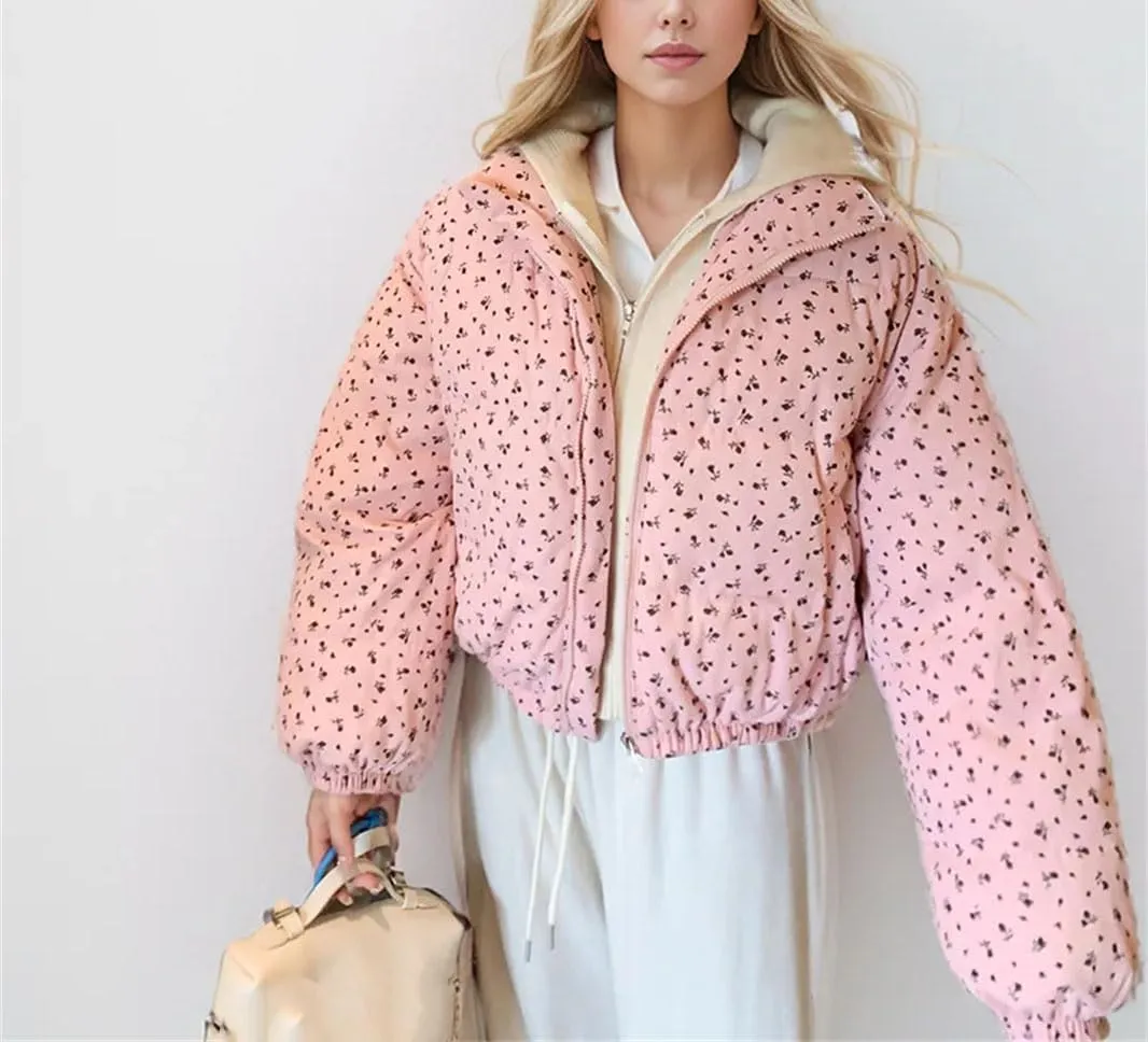 Women's Lapel Floral Short Cotton-Padded Jacket Warm Casual Classic Zipper Parka Coat