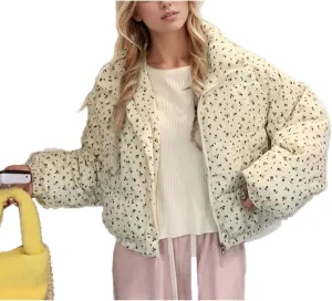 Women's Lapel Floral Short Cotton-Padded Jacket Warm Casual Classic Zipper Parka Coat