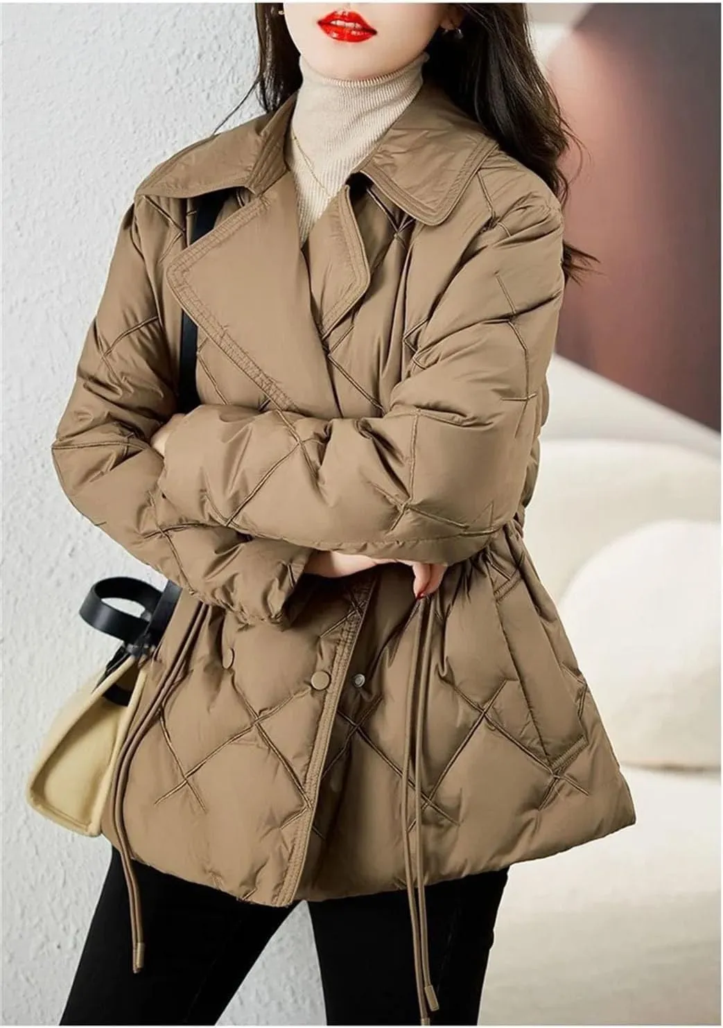 Women's Lapel Slim Fitting Short Cotton-Padded Jacket Classic Quilted Drawstring Parka Coat